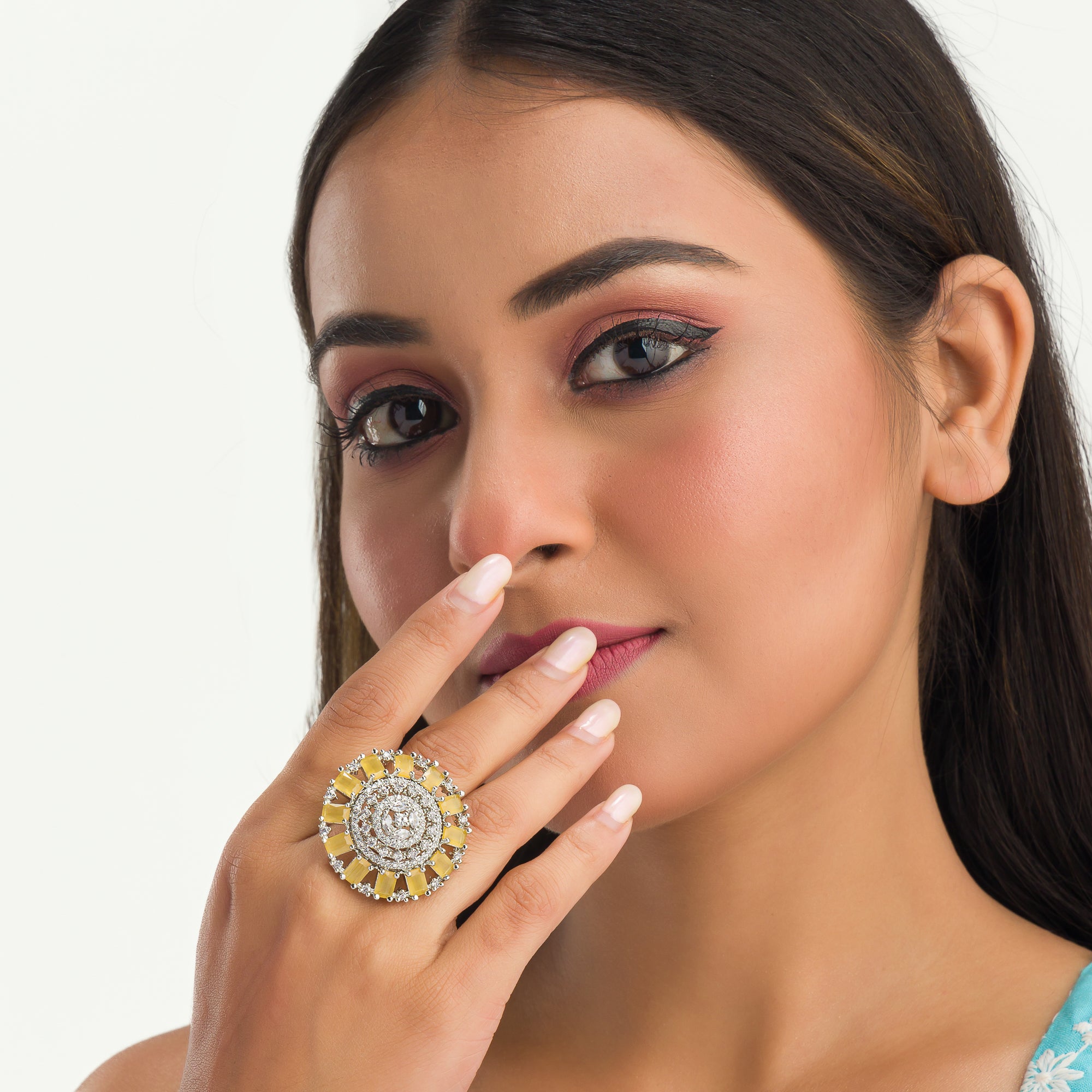 Yellow zircon finger ring with silver band, vibrant and eye-catching, ideal for party wear