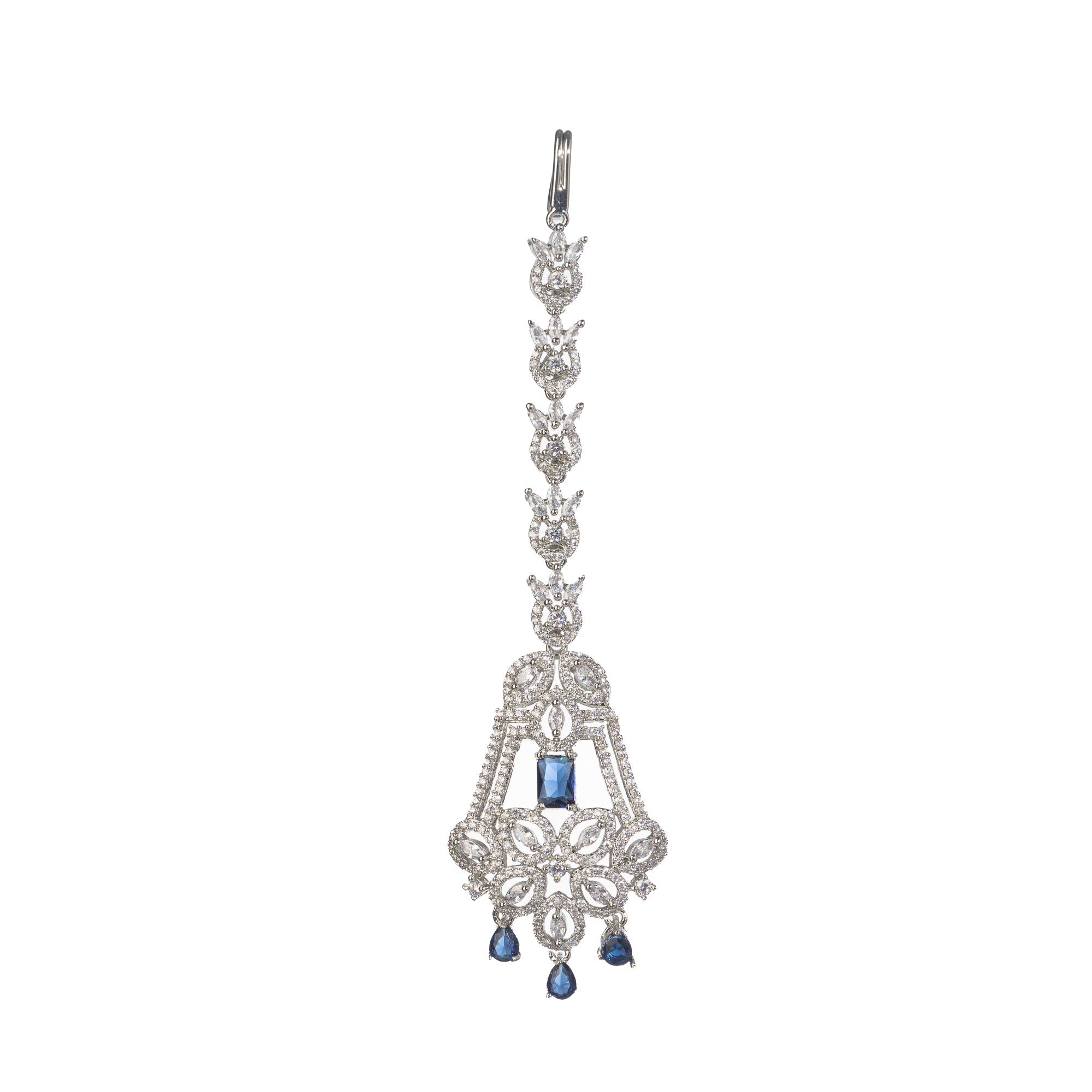 Blue zircon maang tika in silver, ideal for party wear, offering a striking touch of vibrant elegance.