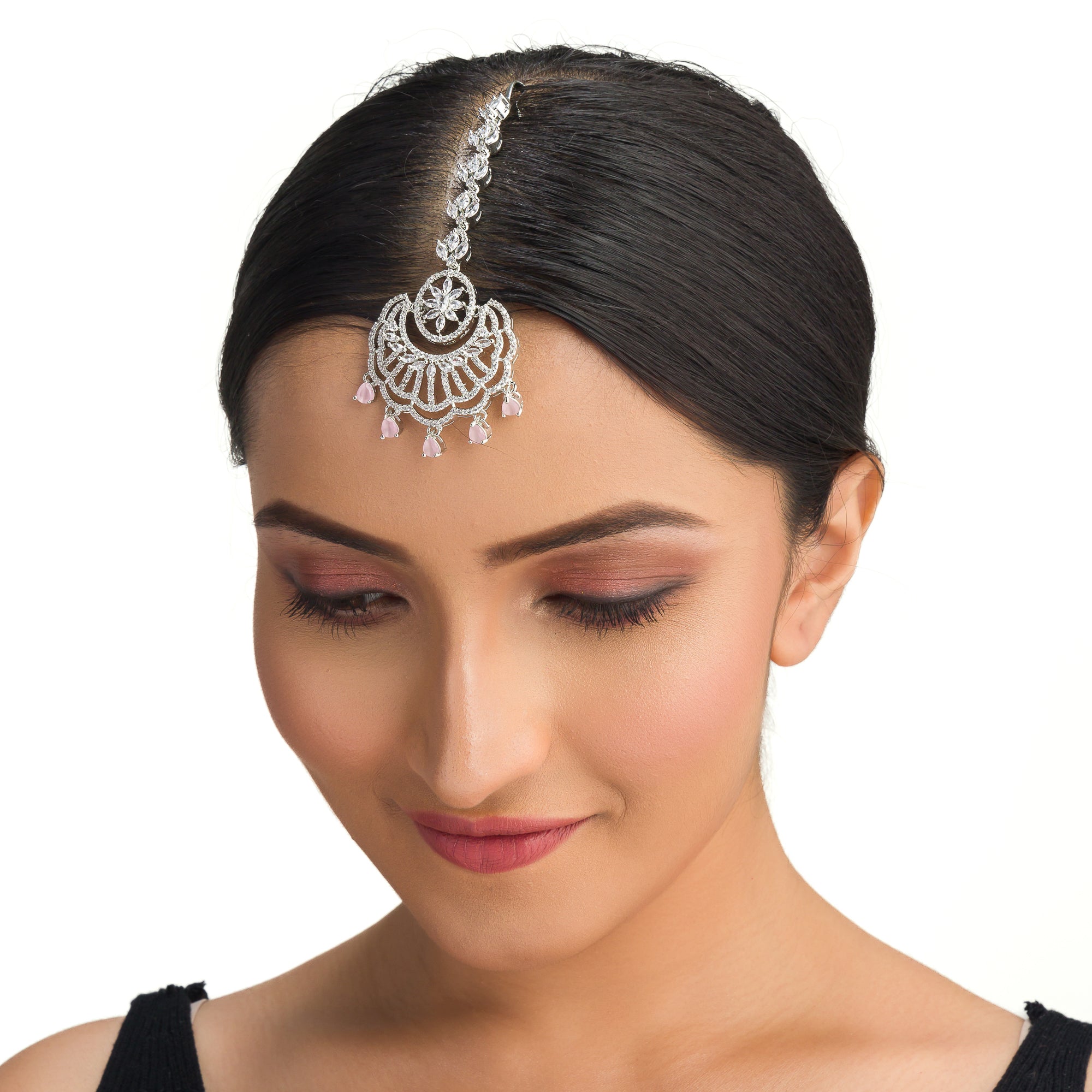 Pink zircon maang tika in silver, perfect for party wear, adding a soft, elegant pop of color to your look