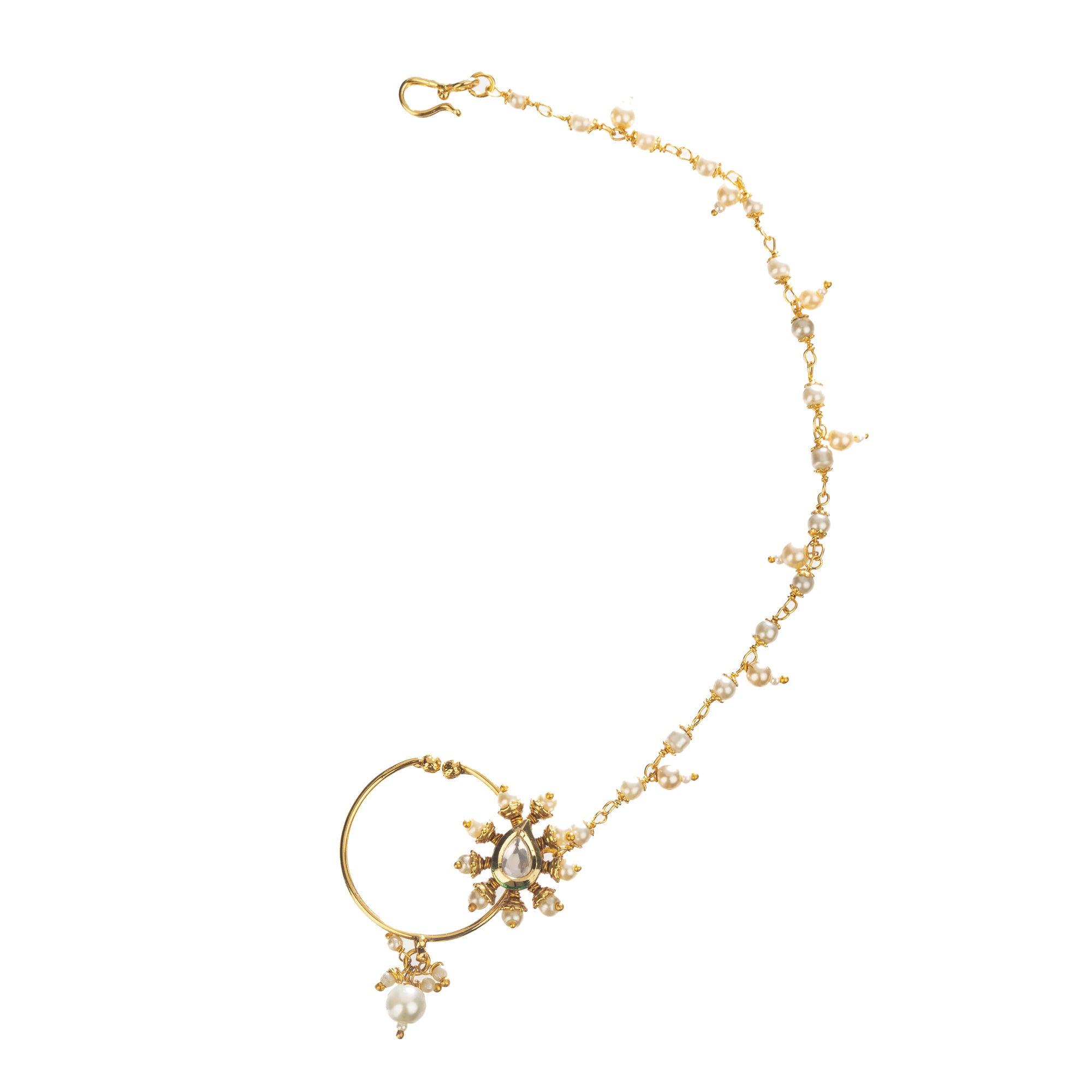 "Elegant gold-tone nose pin with pearls, perfect for festival wear, blending tradition and sophistication."