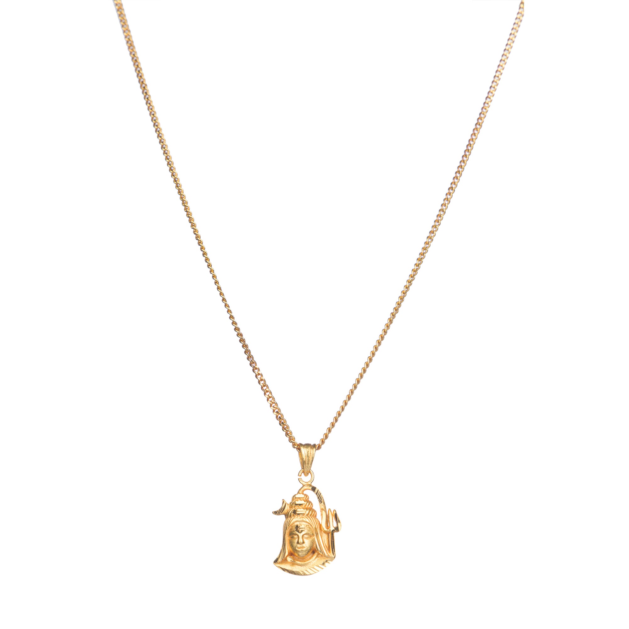 "Gold-tone pendant set featuring Shivji with half moon and trishul, perfect for casual wear."