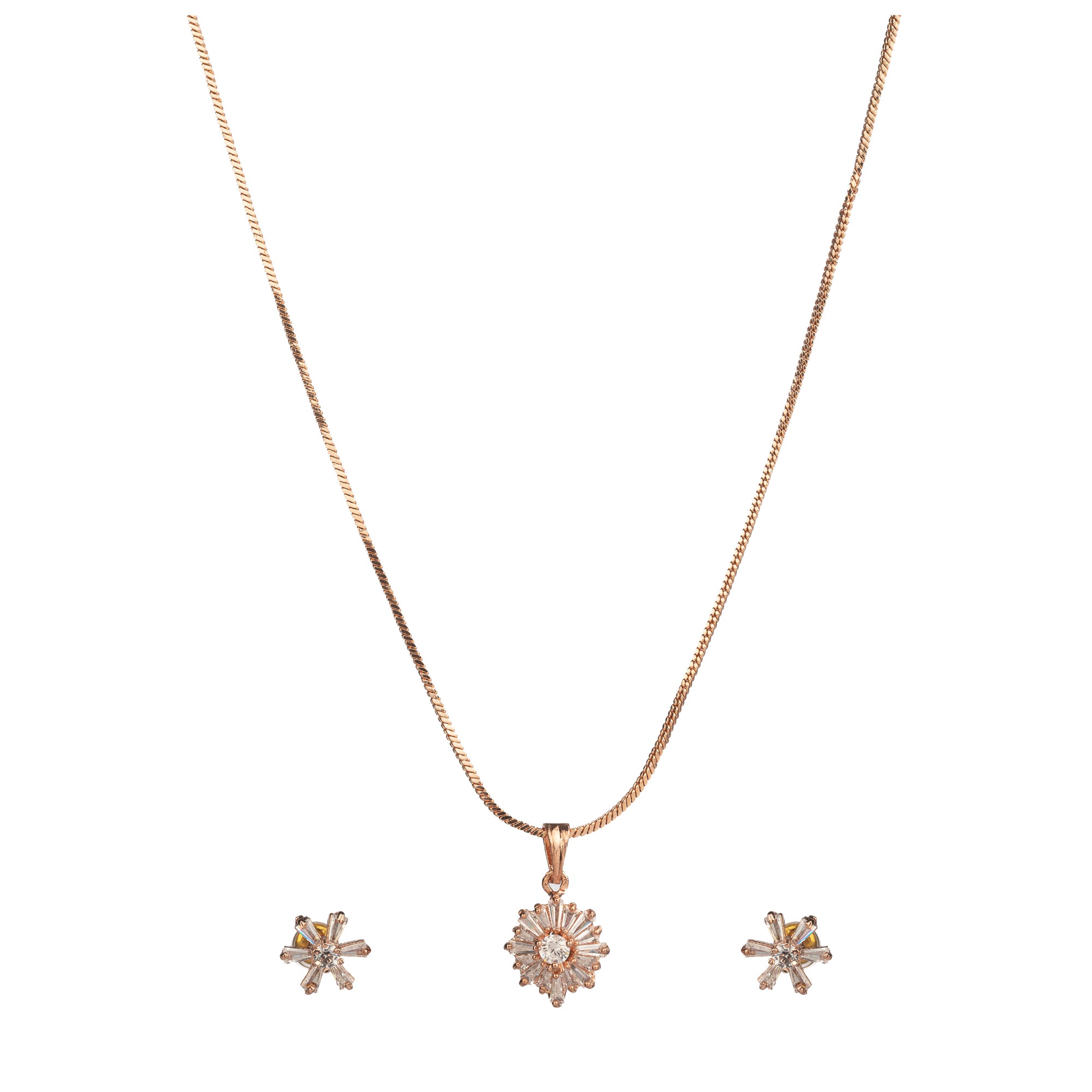 " ""Rosegold zircon pendant set with a starry look, ideal for office wear, adding a touch of charm.""
"