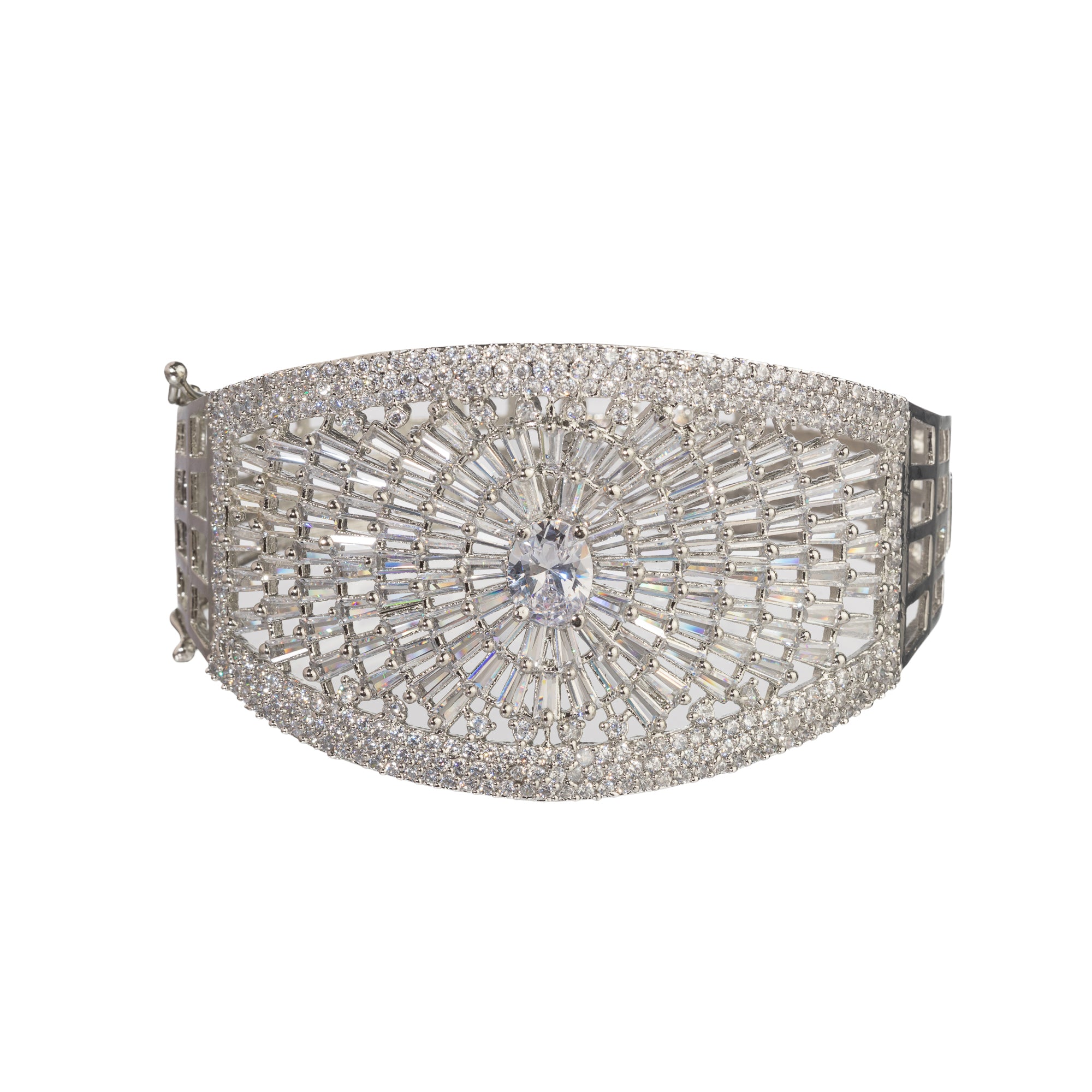 "Elegant zircon bracelet with a single stone surrounded by zircon accents, perfect for party wear."