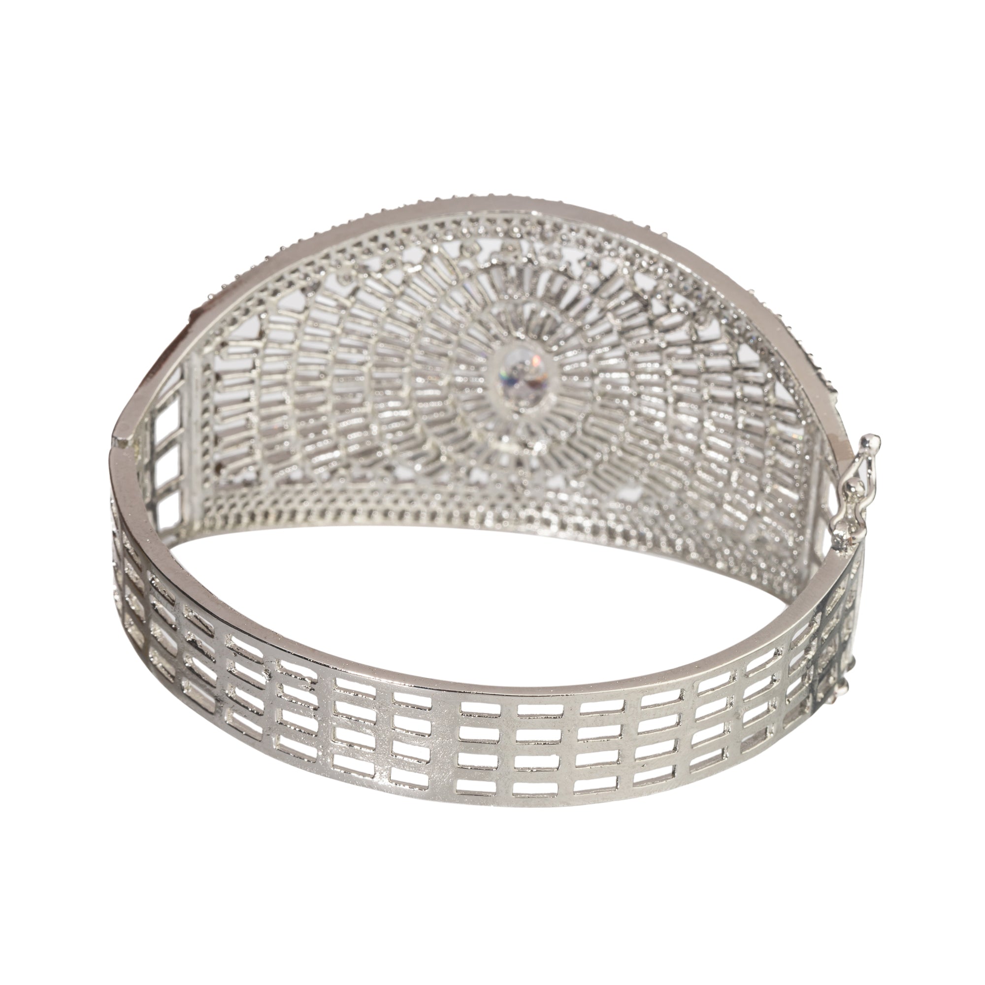 "Elegant zircon bracelet with a single stone surrounded by zircon accents, perfect for party wear."