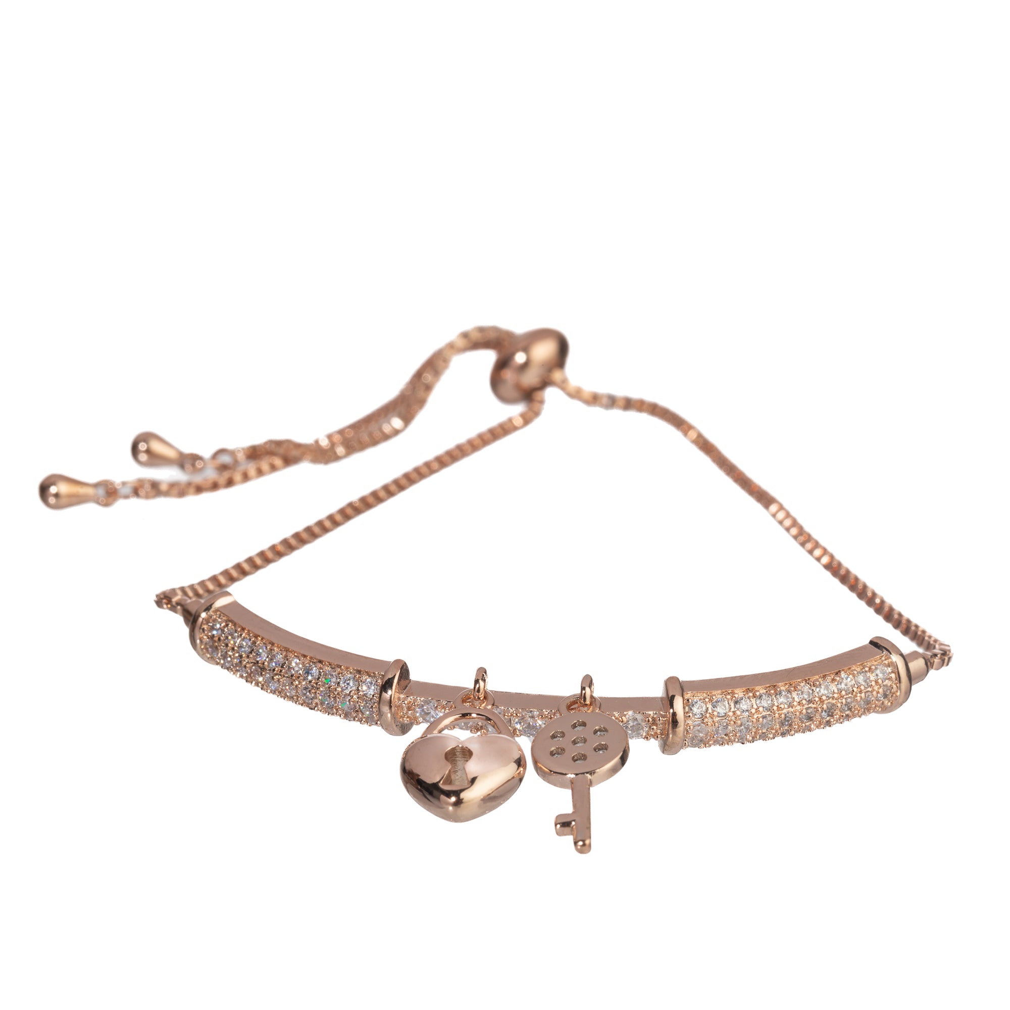 "Trendy lock and key zircon bracelet in rosegold, ideal for party wear, offering a chic and stylish look."