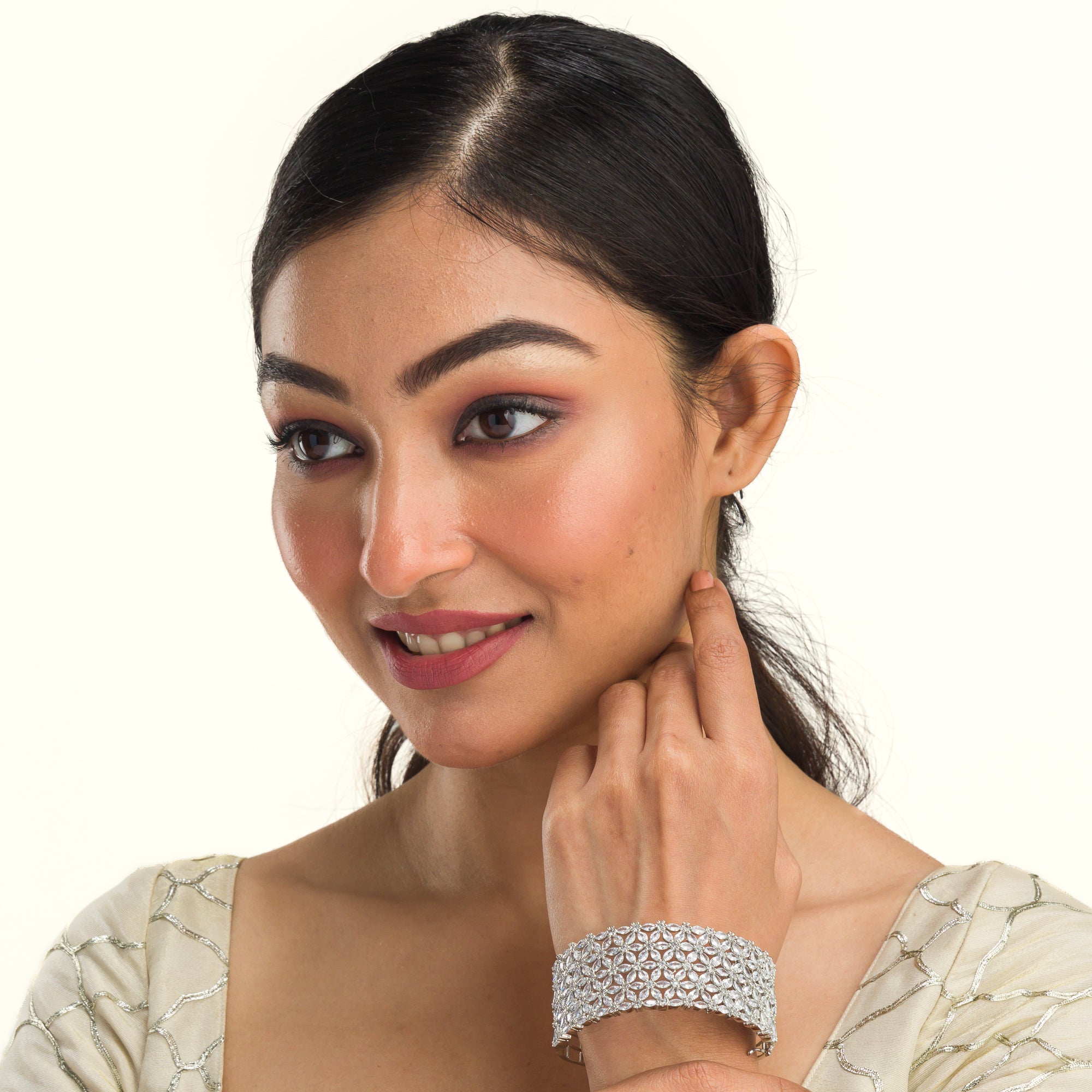 "Sparkling zircon bracelet in silver, perfect for party wear, adding elegant shine to your wrist."