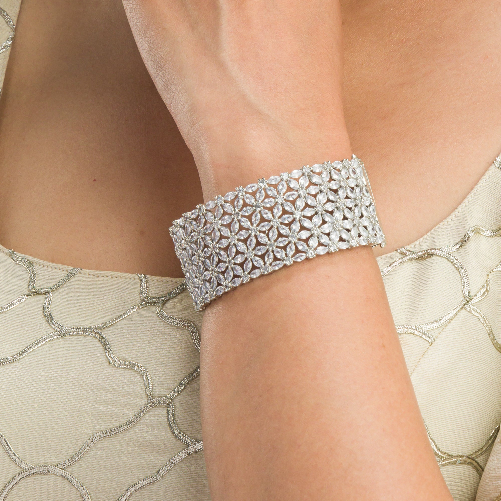 "Sparkling zircon bracelet in silver, perfect for party wear, adding elegant shine to your wrist."