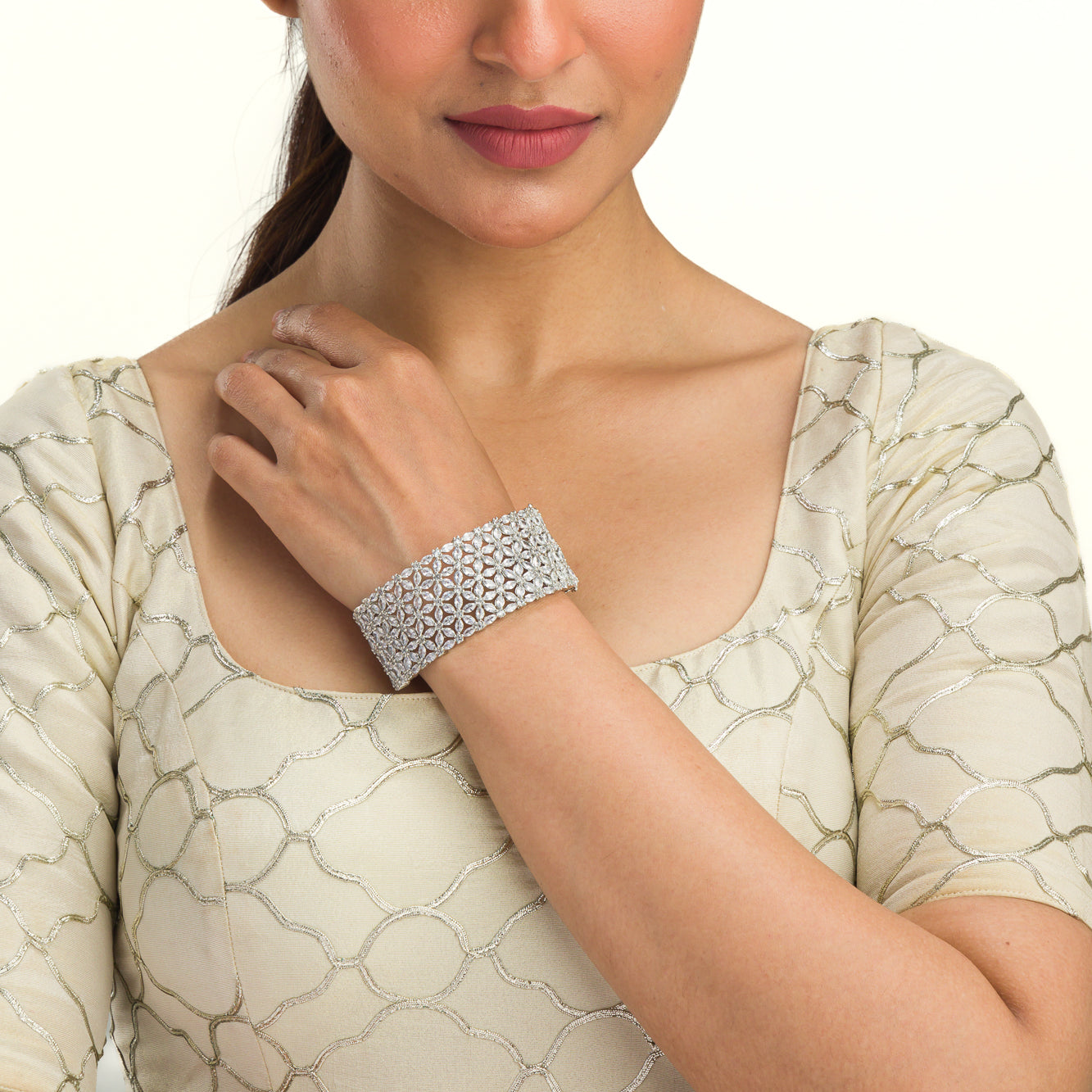 "Sparkling zircon bracelet in silver, perfect for party wear, adding elegant shine to your wrist."