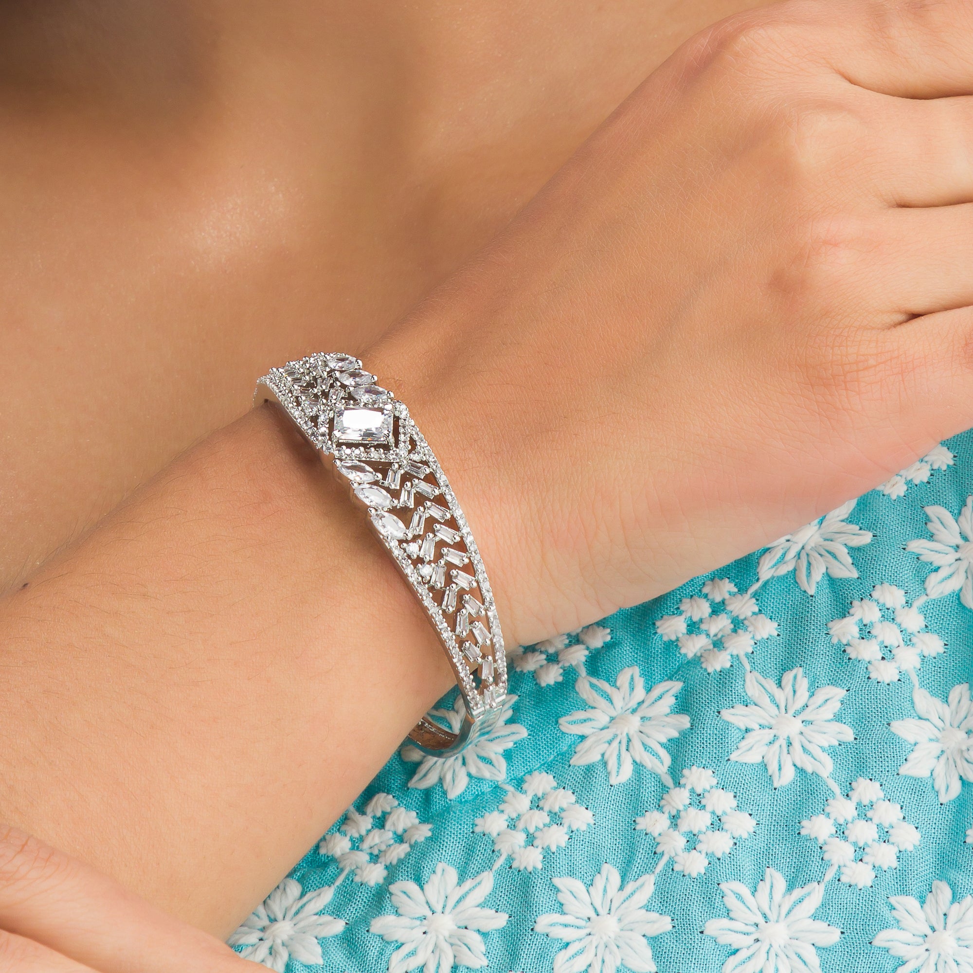 "Dazzling zircon bracelet in silver, adding brilliant sparkle to your wrist, perfect for party wear."