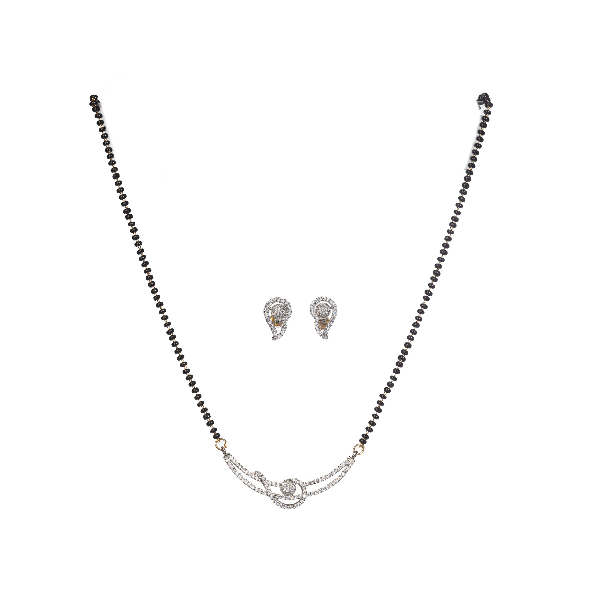 "Black zircon mangalsutra in gold, blending traditional charm with radiant, modern sparkle."