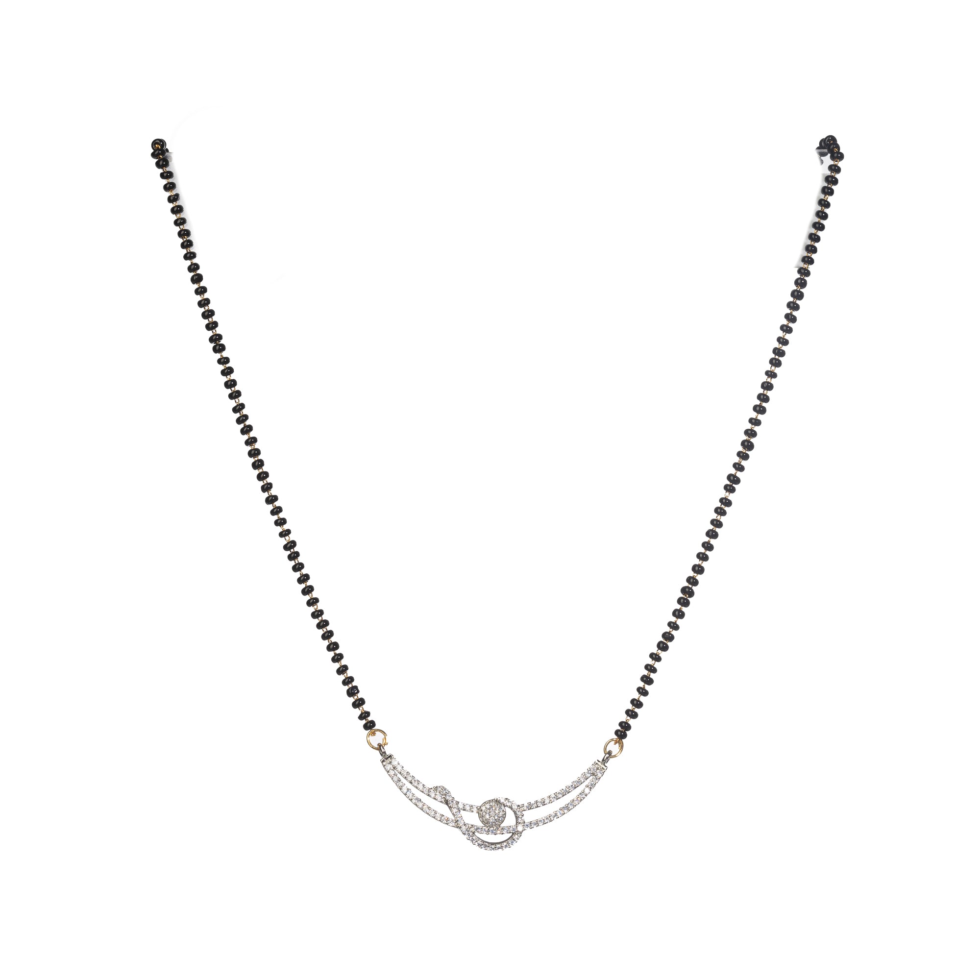 "Black zircon mangalsutra in gold, blending traditional charm with radiant, modern sparkle."