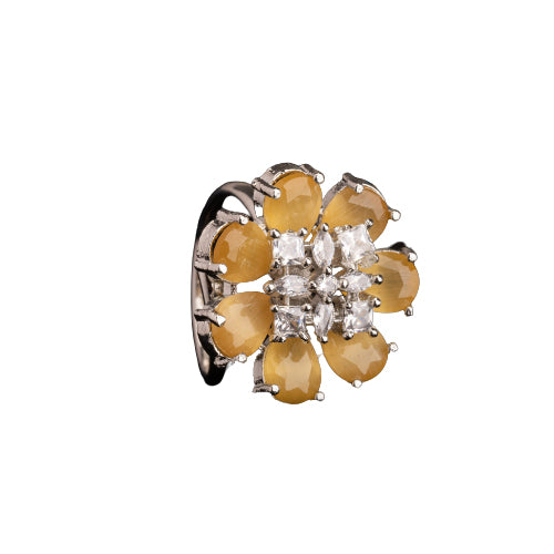 "Yellow zircon finger ring in silver, offering vibrant, sunny brilliance and golden charm for party wear."