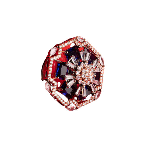 "Rose gold dark blue zircon ring combines luxurious hues with deep sapphire allure for party wear."