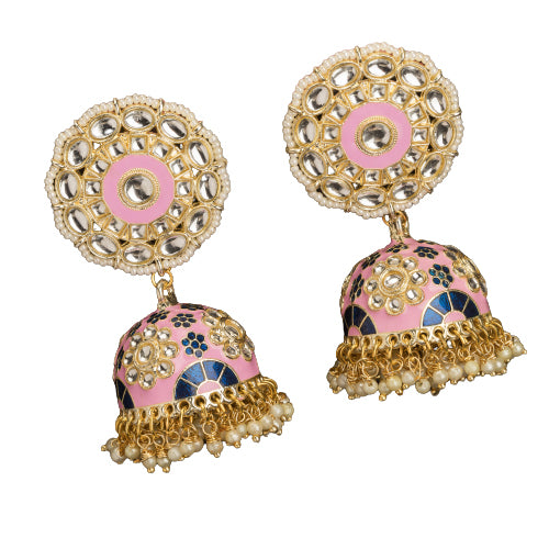 "Orchid minakari jhumka earrings in gold tone showcase intricate, vibrant designs with timeless elegance for festivals."