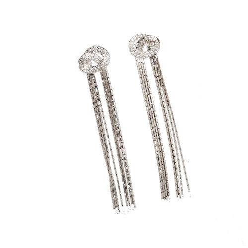 "Trendy zircon and stainless steel long earrings combine modern chic with sparkling elegance."
