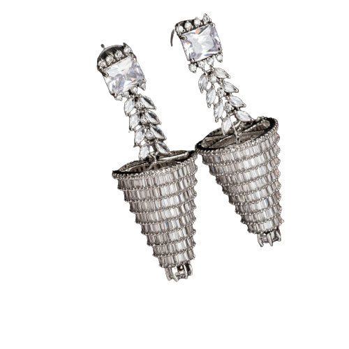 "Graceful long zircon earrings shimmer with timeless sophistication and dazzling elegance."