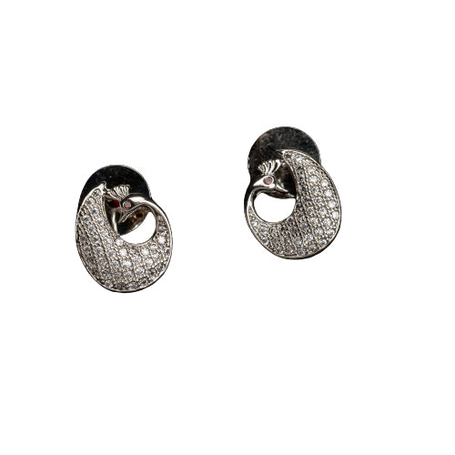 "Elegant peacock-shaped zircon studs add whimsical beauty and sparkle to your look."