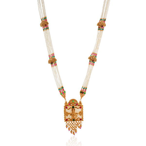 "Long temple necklace with multi-colored pearl beads adds vibrant, sophisticated flair."
