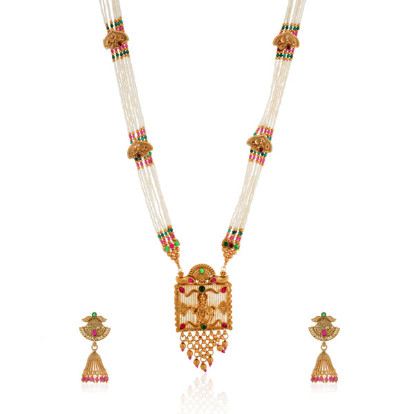 "Long temple necklace with multi-colored pearl beads adds vibrant, sophisticated flair."