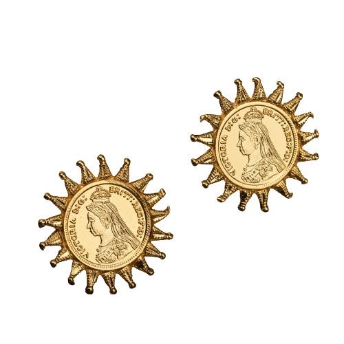 "Sun design Rani Victoria earrings mix regal elegance with timeless classic style."