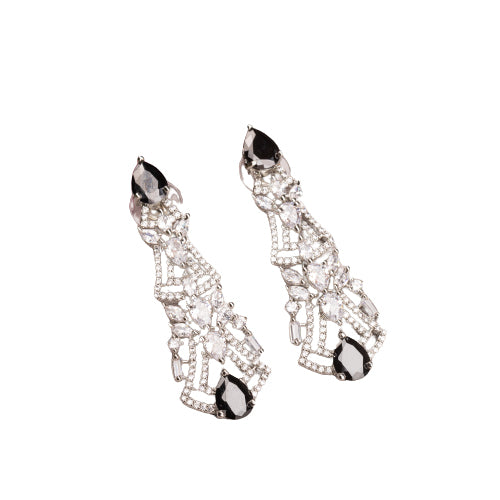 1. "Zircon earrings with black accents create a dramatic, elegant contrast."