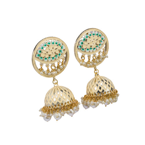 "Gold-tone jhumka with a green accent adds a vibrant twist to traditional style."