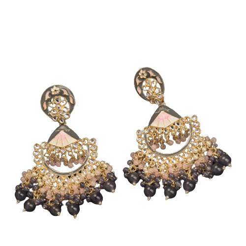 "Pink and white zircon jhumkas blend vibrant color with timeless elegance for a stunning look."