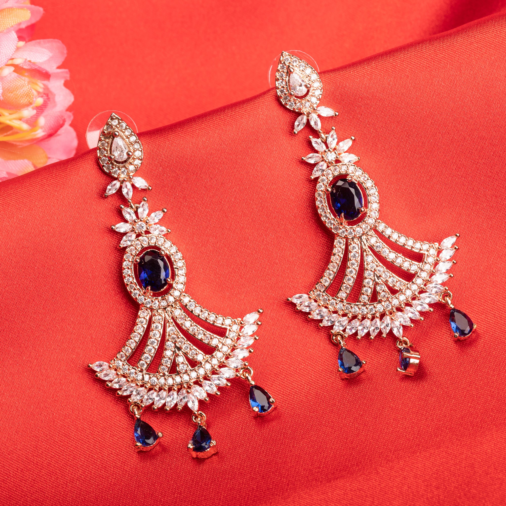 "Rose gold zircon long earrings blend elegant sparkle with modern sophistication."