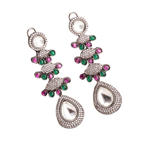 "Pink, white, and green zircon earrings offer a colorful, elegant sparkle for any look."