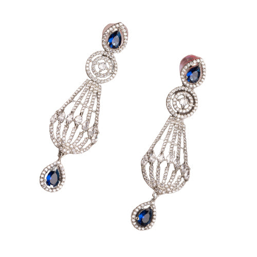 "Navy blue zircon earrings add a vibrant, elegant sparkle to your ensemble."