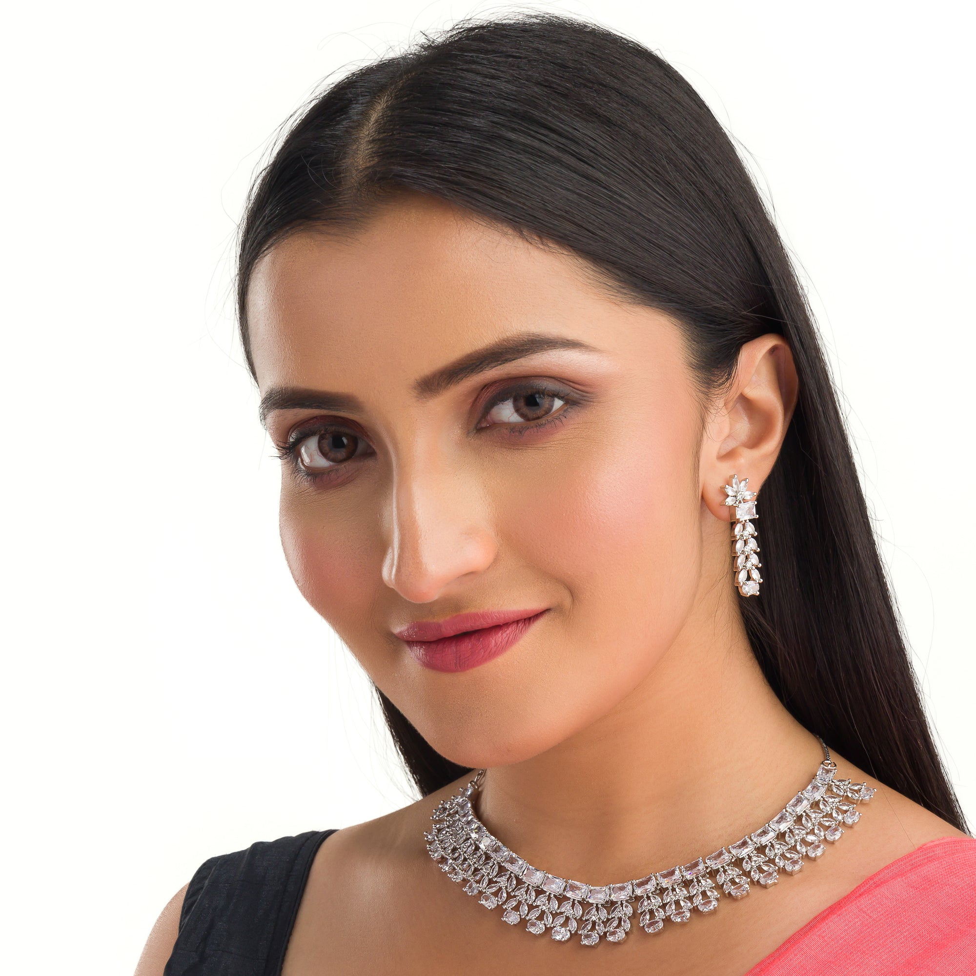 "Timeless zircon necklace with brilliant clarity and sophisticated sparkle."