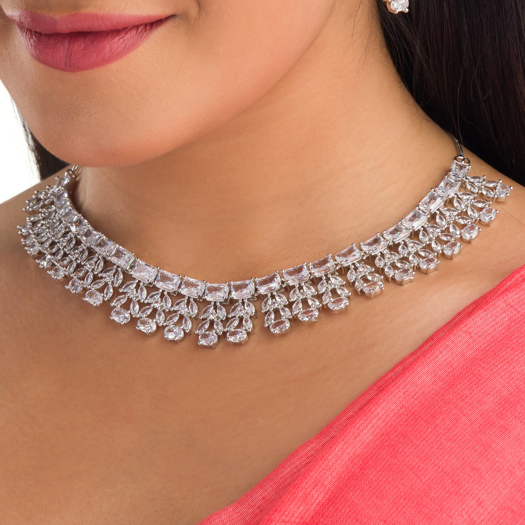 "Timeless zircon necklace with brilliant clarity and sophisticated sparkle."