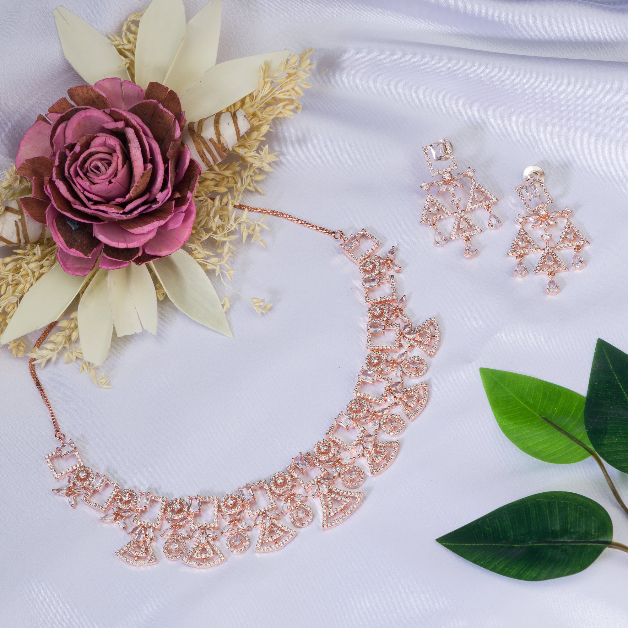 "Rose gold zircon necklace combines subtle shimmer with elegant tones."