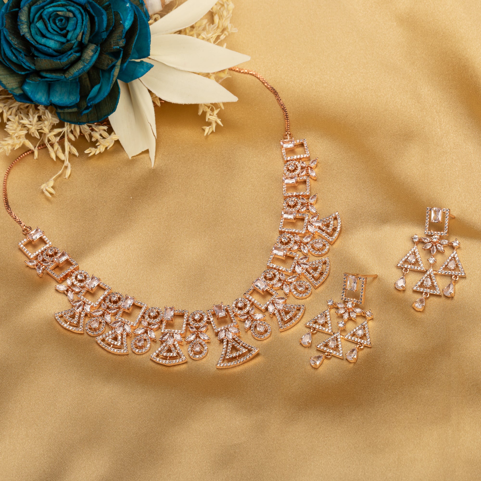 "Rose gold zircon necklace combines subtle shimmer with elegant tones."