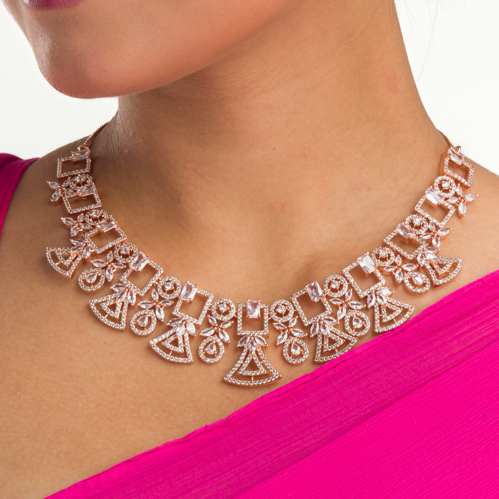 "Rose gold zircon necklace combines subtle shimmer with elegant tones."