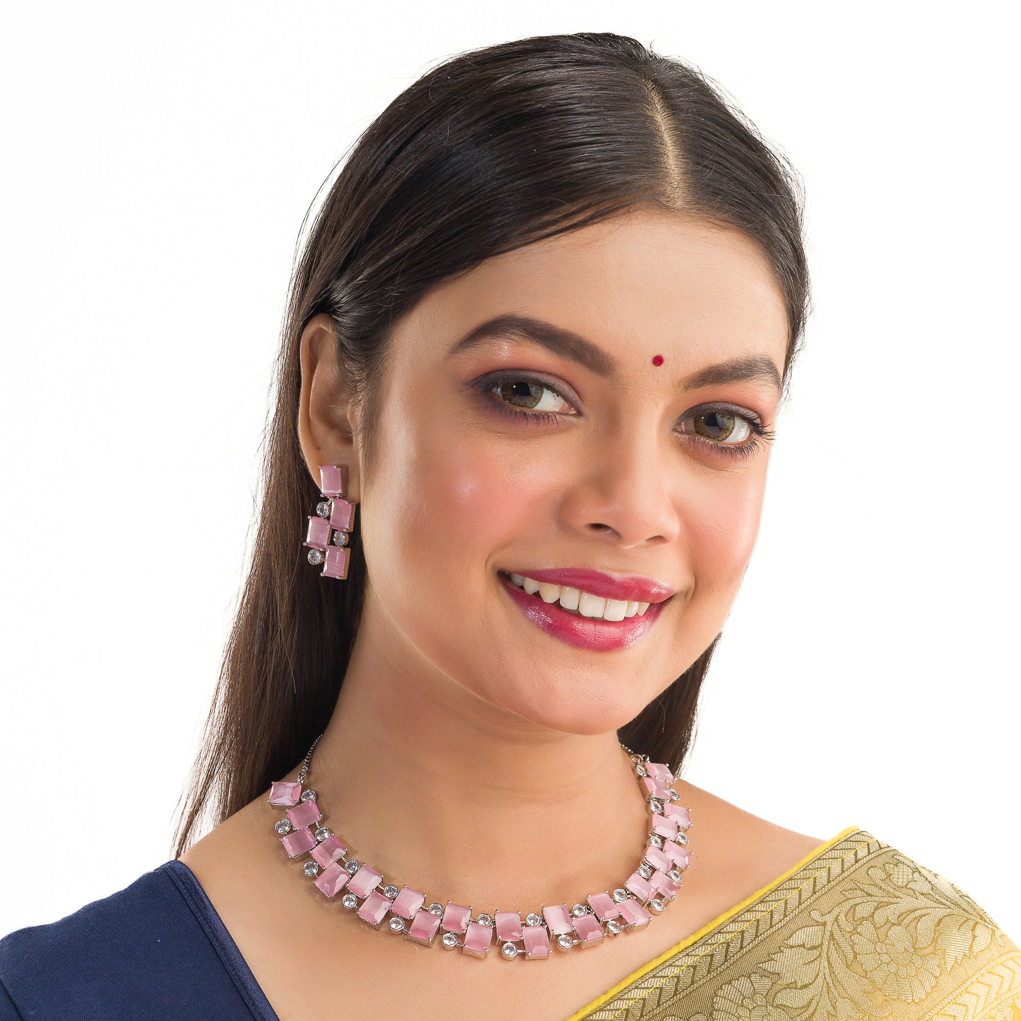 "Pink zircon heavy necklace boasts striking brilliance and bold elegance."