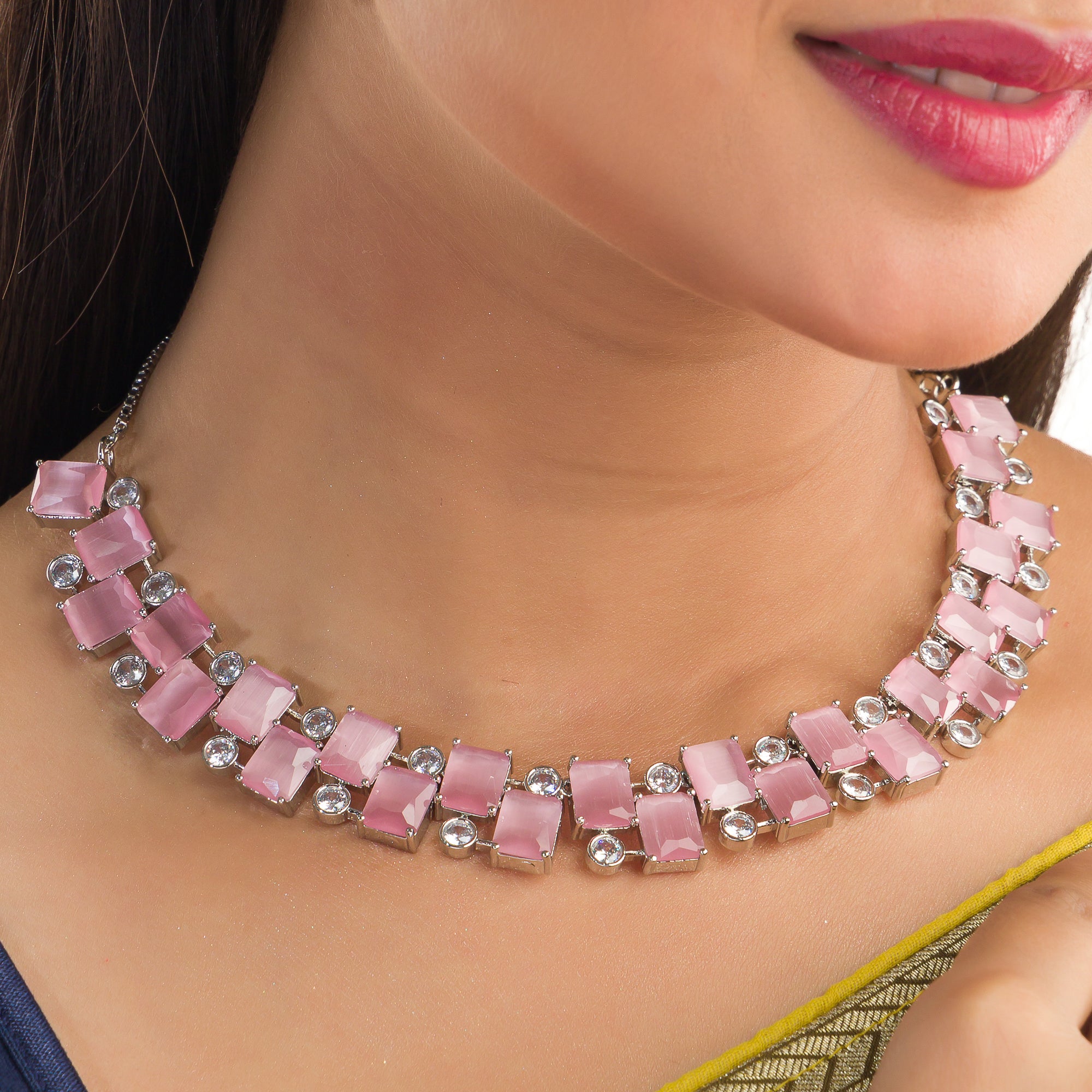 "Pink zircon heavy necklace boasts striking brilliance and bold elegance."