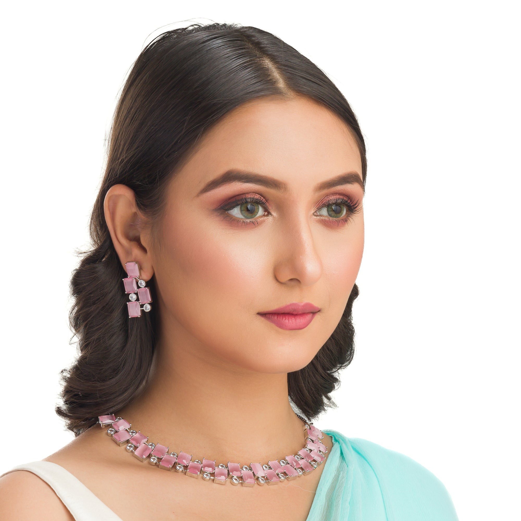 "Pink zircon heavy necklace boasts striking brilliance and bold elegance."