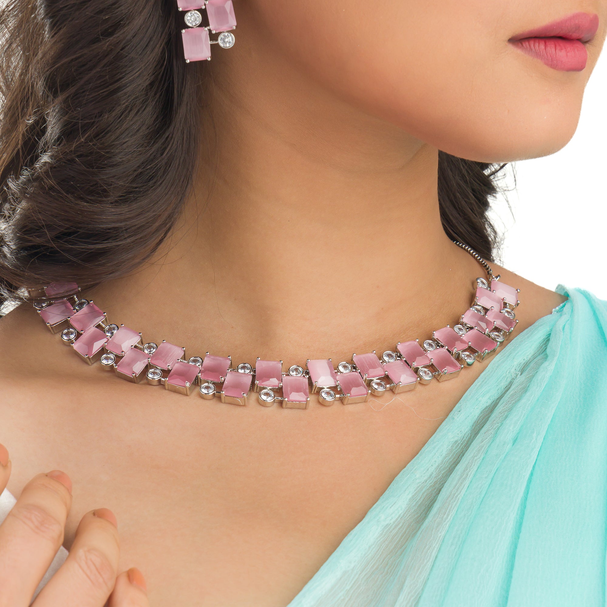 "Pink zircon heavy necklace boasts striking brilliance and bold elegance."