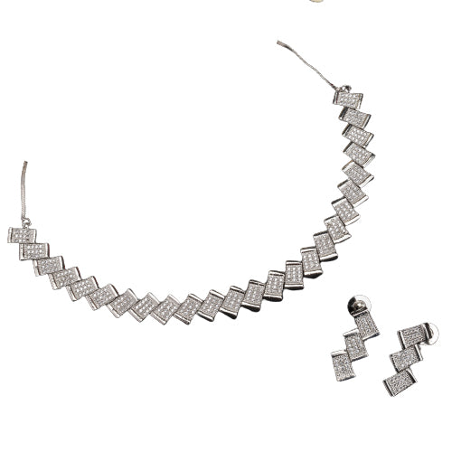 "Zigzag-shaped zircon necklace adds a modern twist to classic sparkle."