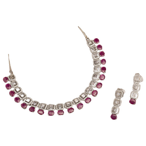 "Pink zircon necklace set features vibrant, elegant charm."