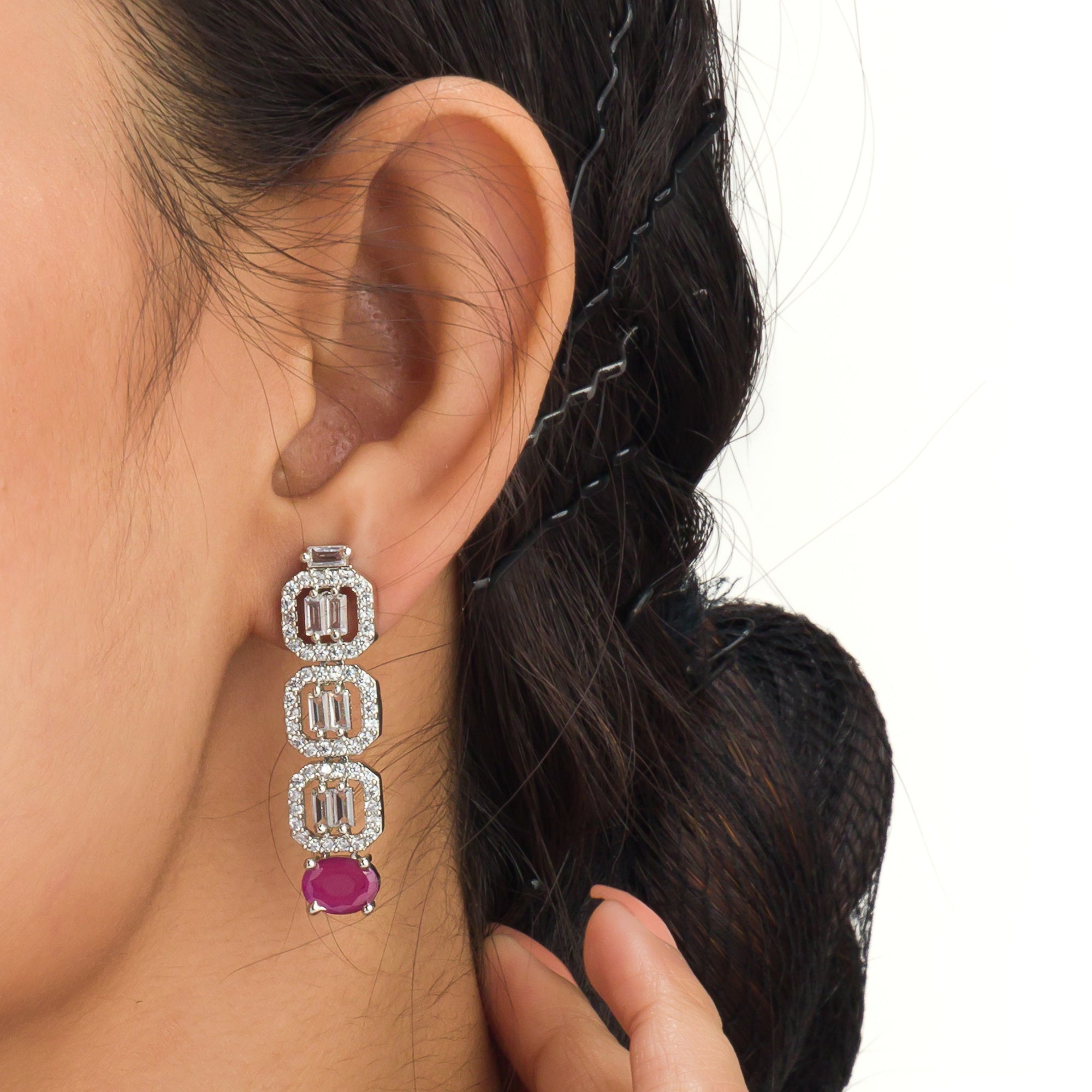 "Pink zircon necklace set features vibrant, elegant charm."