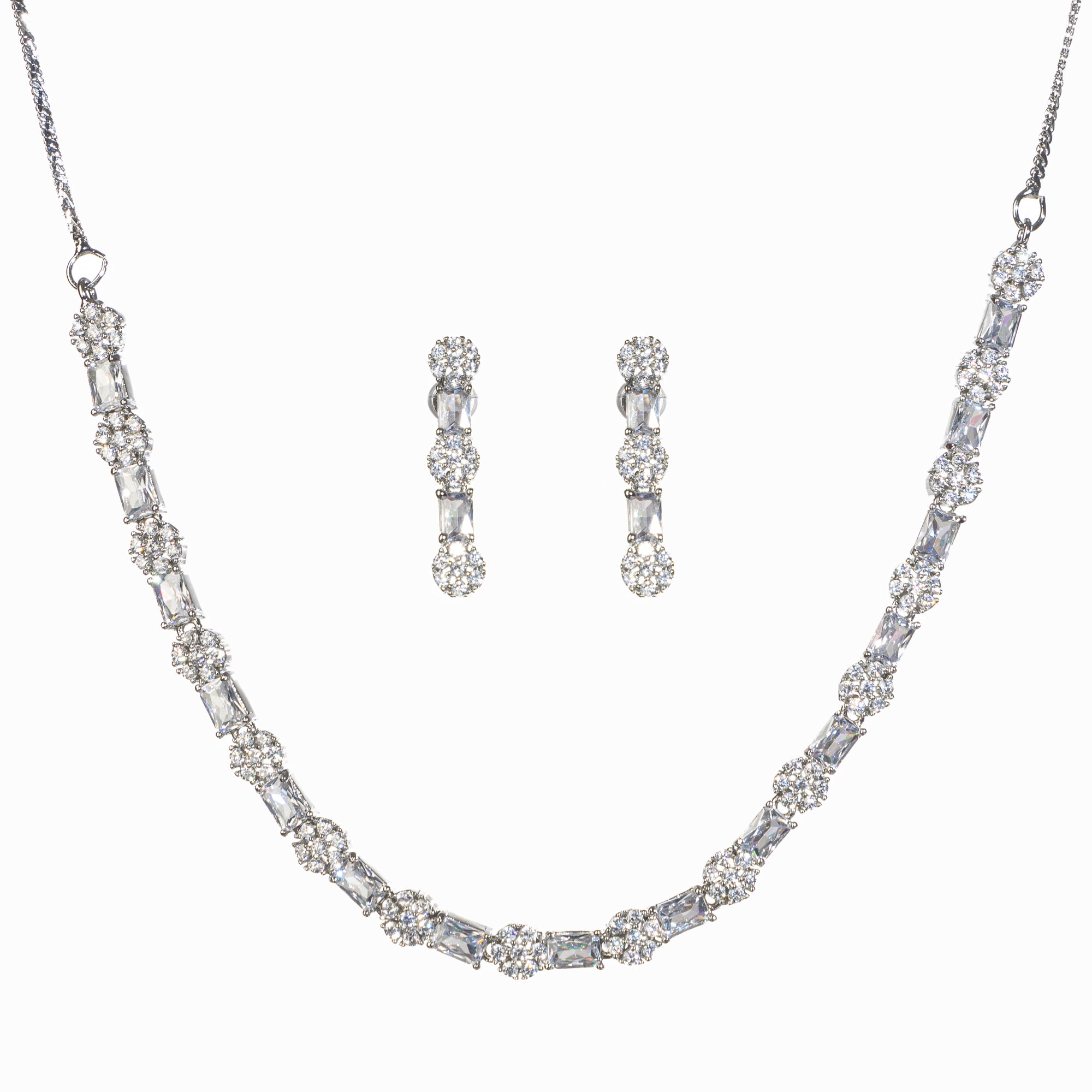 "Delicate zircon necklace with small flower design adds elegance and sparkle."