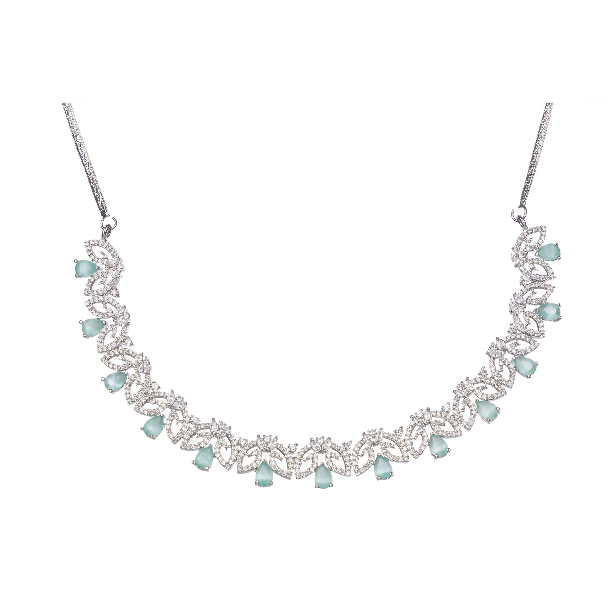 "Light green zircon necklace with leaf pattern adds subtle charm."