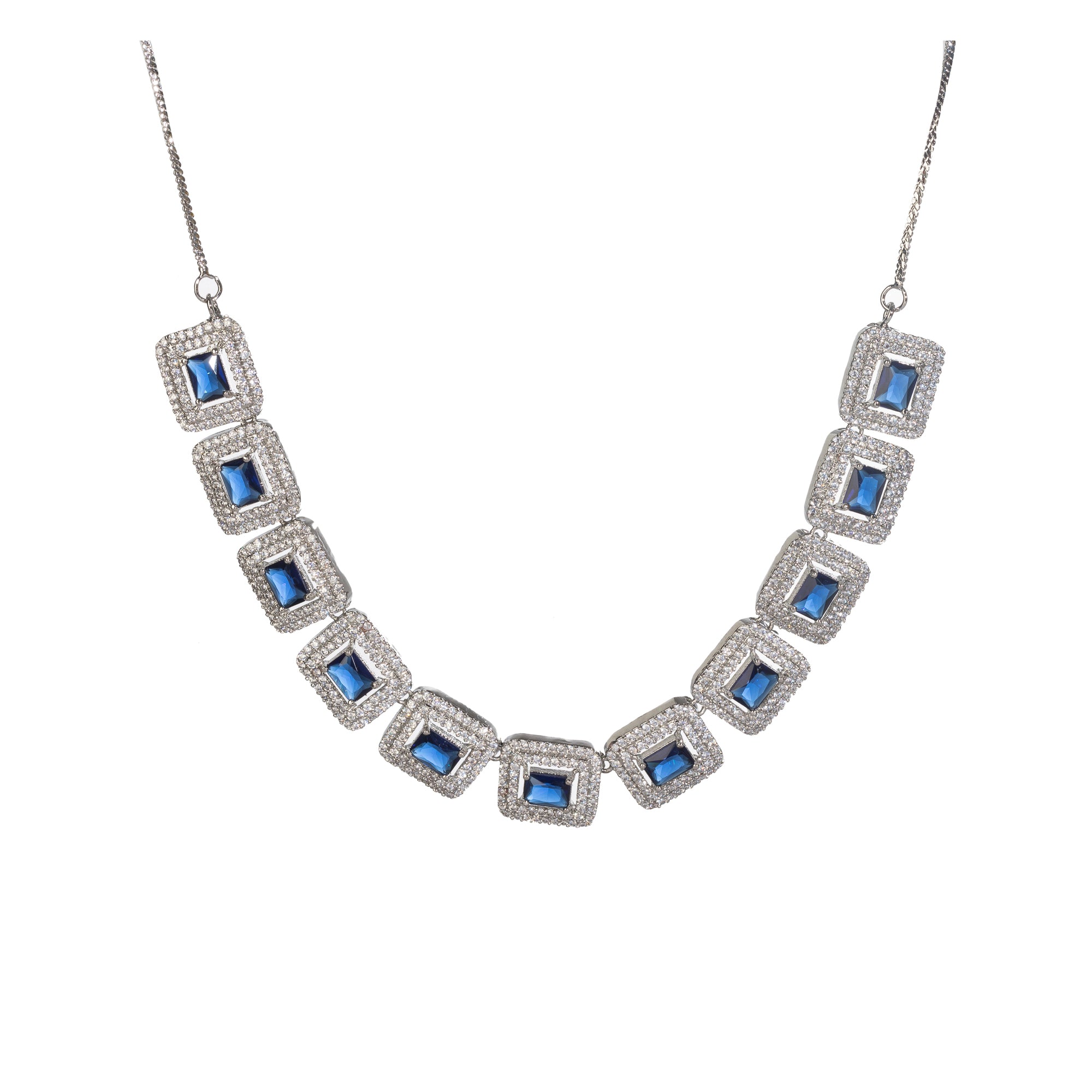 "Navy blue square zircon short necklace offers vibrant, chic elegance."