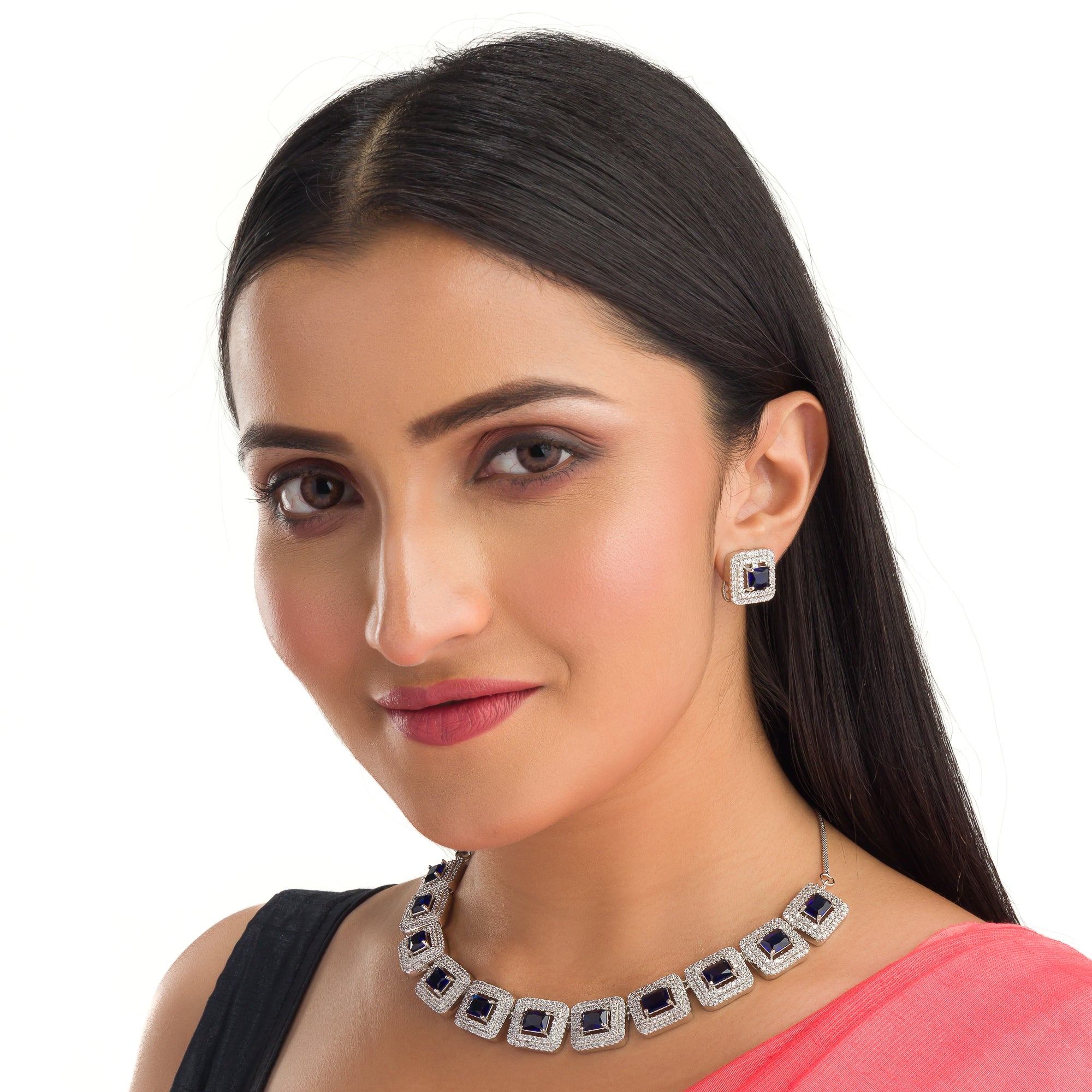 "Navy blue square zircon short necklace offers vibrant, chic elegance."