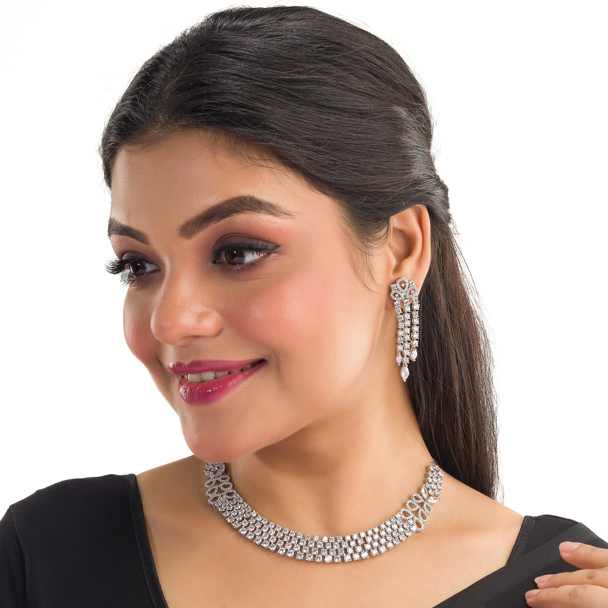 "Zircon necklace with infinity design symbolizes timeless elegance."