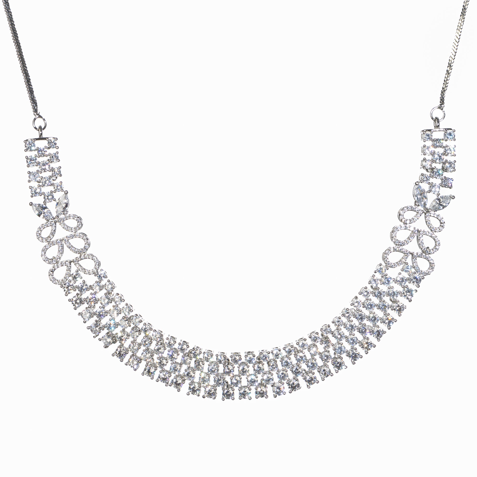 "Zircon necklace with infinity design symbolizes timeless elegance."