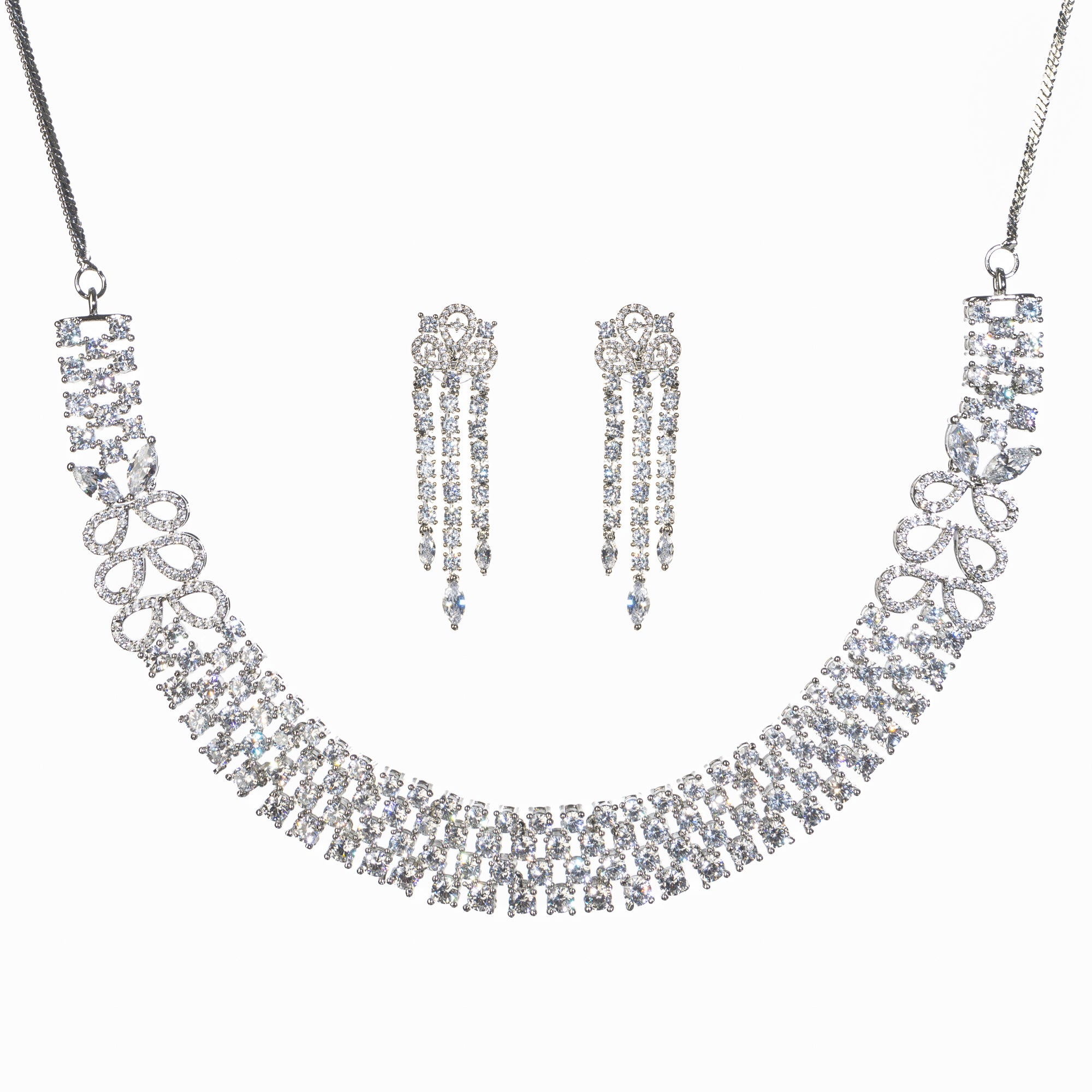"Zircon necklace with infinity design symbolizes timeless elegance."