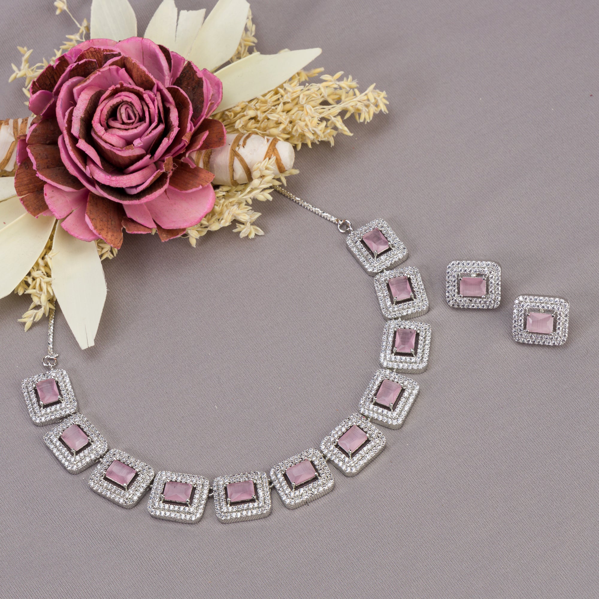 "Pink square zircon short necklace adds vibrant, chic elegance to your look."